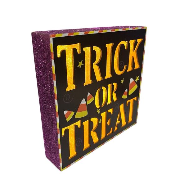 "Trick or Treat" Purple Glittery Halloween Light Up Box Decor - Picture 2 of 4